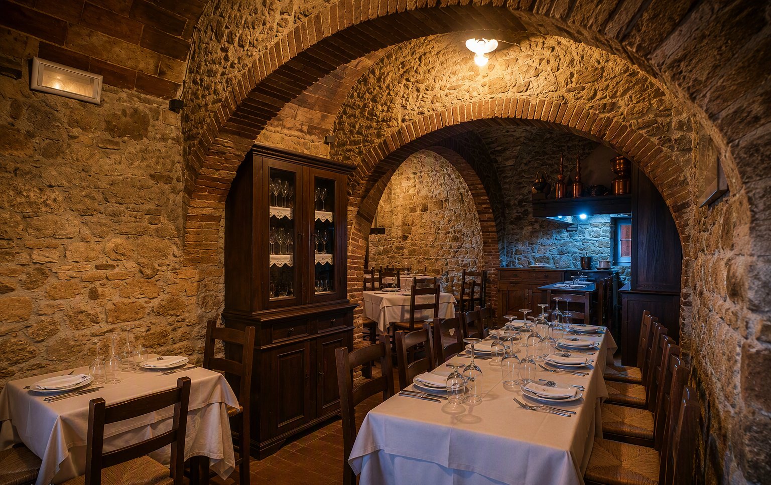 La sala voltata in mattoni con i tavoli apparecchiati
