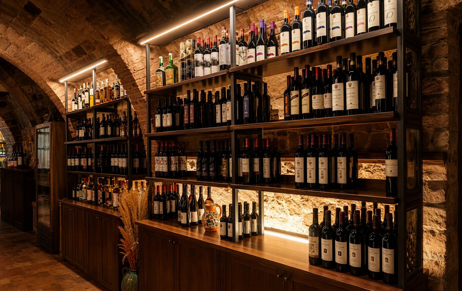 La parete dei vini sugli scaffali in legno e ferro